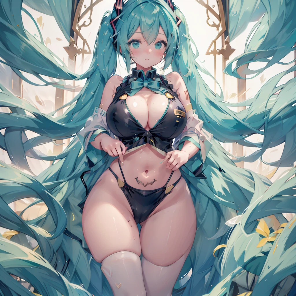 Browsing Caution,girl, Aqua_hair, Oil for the whole body、Black Bikini、green_hair, blush, chest, , Huge_chest, Glodes, slope_hair, Hatsune_Miku, Hatsune_Miku_\(\), Hugeな_chest,,masterpiece,Highest quality,Closed_mouth, Embarrassed look、Navel emblem, Obscene tattoos、Watery eye、full_body, Thigh Exfoliation,Wide Hips,(((masterpiece, Highest quality, Very detailed))), (shape), (Beautiful and beautiful eyes), ((Very detailed顔)),Dynamic Angle,cute cat,Moriman