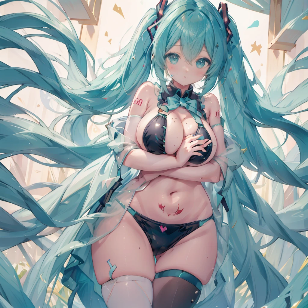 Browsing Caution,girl, Aqua_hair, Oil for the whole body、Black Bikini、green_hair, blush, chest, , Huge_chest, Glodes, slope_hair,  Hatsune_Miku, Hatsune_Miku_\(\), Hugeな_chest,,masterpiece,Highest quality,Closed_mouth, Embarrassed look、Navel emblem, Obscene tattoos、Watery eye、full_body, Thigh Exfoliation,Wide Hips,(((masterpiece, Highest quality, Very detailed))), (shape), (Beautiful and beautiful eyes), ((Very detailed顔)),Dynamic Angle,cute cat,Moriman