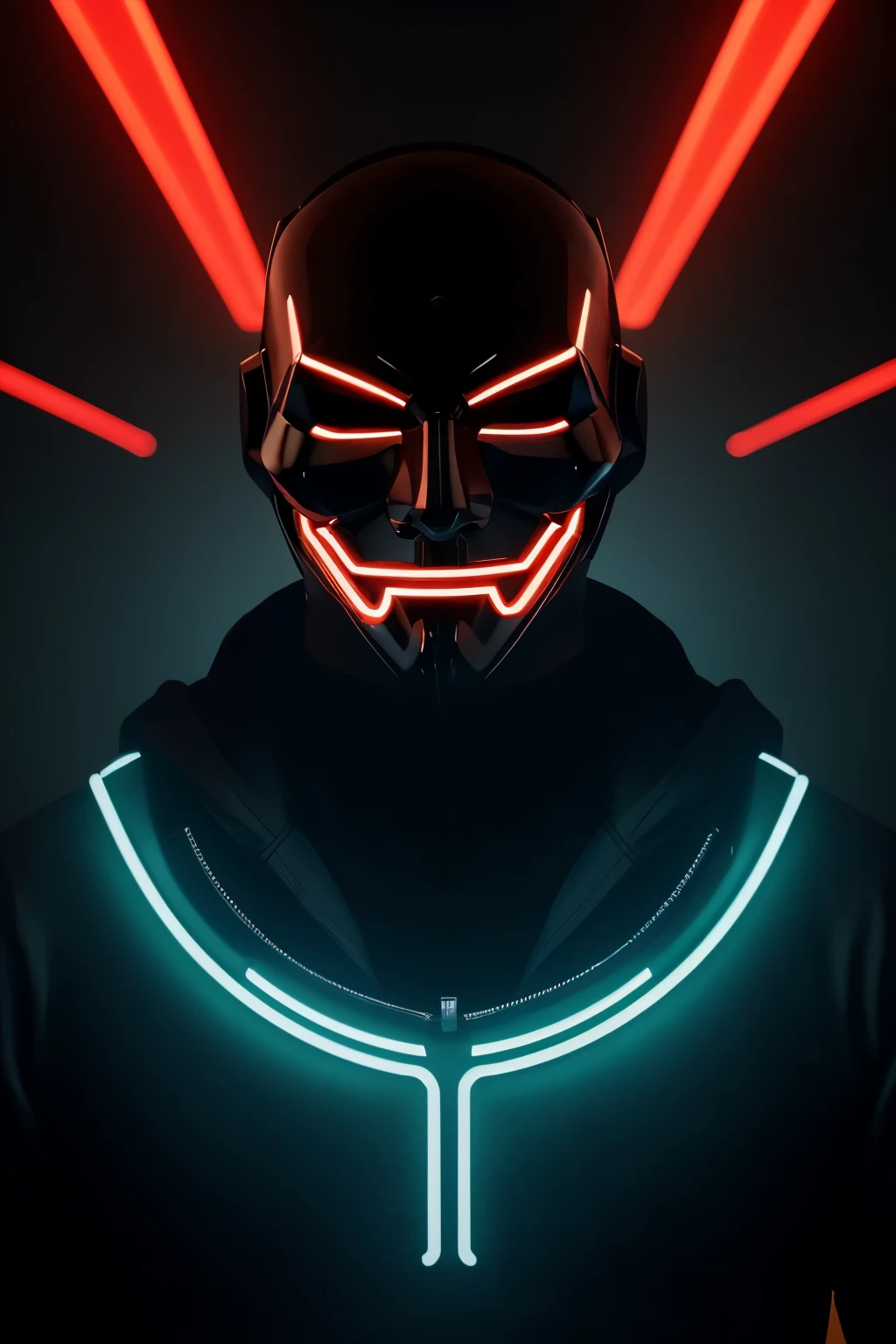 "A stylized hacker mask, inspired by the aesthetics of the group Anonymous. The mask must be a modern version of the Guy Fawkes mask, with printed circuit lines and technological elements integrated into the design. The background should be a combination of neon lights and digital graphics, creating a cybernetic and futuristic atmosphere. Lighting should highlight the details of the mask, giving an enigmatic and intriguing air, suitable for a hacker environment."