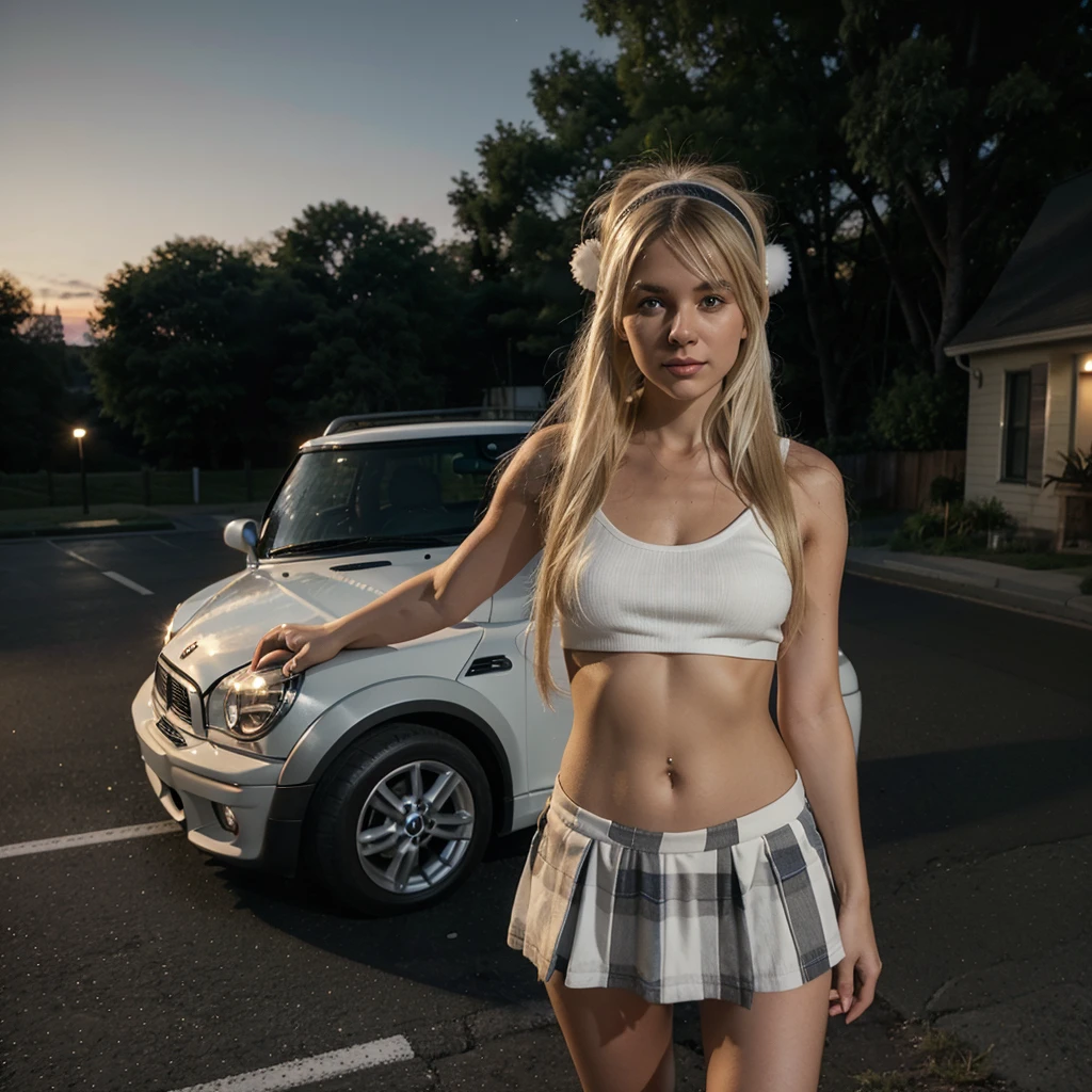 Image is a nighttime outdoor scene featuring a young woman standing in front of a white BMW SUV parked on the side of a road. The woman has long, straight blonde hair and is wearing a white sleeveless top, a red plaid mini skirt, and white furry leg warmers. She also has white earmuffs on her head. The car's front grille and headlights are visible, and the license plate is partially obscured. The background is dark, with minimal lighting, and the road has white lane markings.