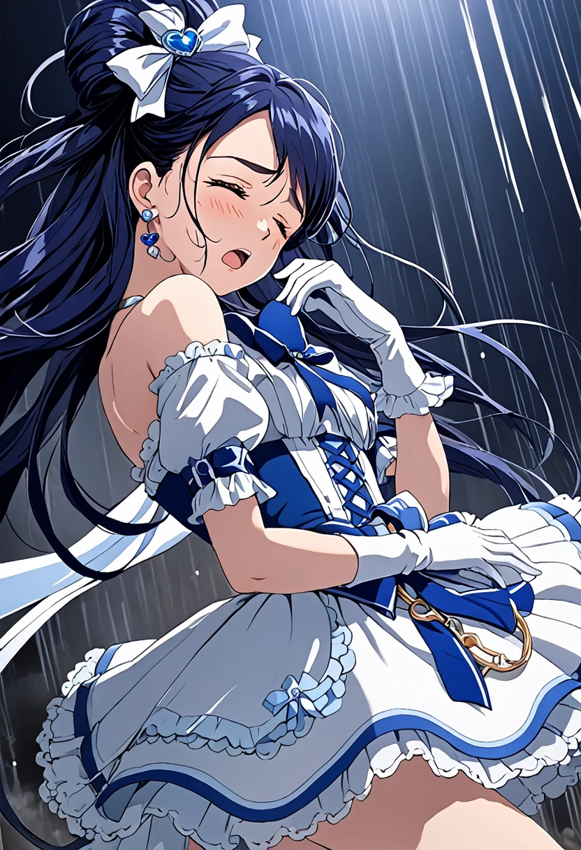 (She is suffering from being bitten on the arm by a man:1.5)、Cure White,hair ribbon,Chest ribbon,big ribbon, mini skirt, white choker, thigh straps, elbow gloves, heart brooch,Heart Earrings,detailed hair and outfit, long flowing dark blue hair, white and blue frilly dress, white gloves and boots, blushing, feeling pain, suffering from arm being bitten by enemy, dynamic and intense scene, background with sound waves, eyes closed, masterpiece, best quality, highly detailed background, perfect lighting, (beautiful, best quality: 1.1), masterpiece, perfect eyes, (beautiful), (erotic: 1.2)