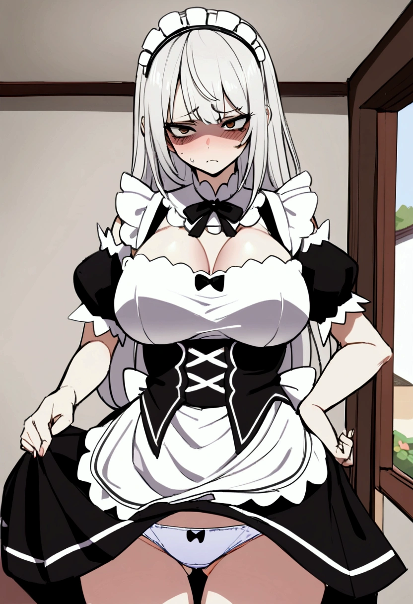 1girl with long white hair, brown eyes, maid uniform, , rich living room disgust on face, got up her skirt and show white panties
