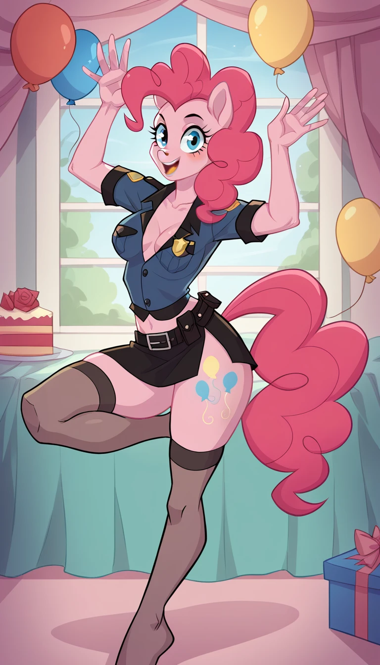 solo, girl, police uniform, sexy roleplay, seductive posing, NSFW, mlp style, anthro character, Pinkie Pie, pink skin, long curly rose hair, sexy opaque stockings, little breasts, surprise birthday party, at bedroom, seduce, offering body, offering pose, arousal