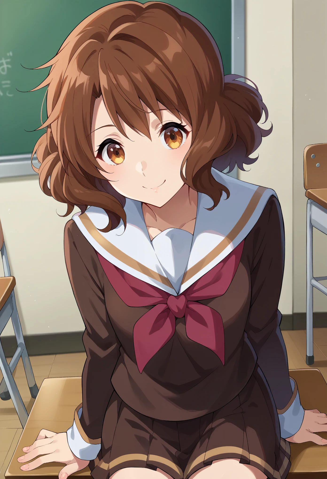 score_9, score_8_superior, score_7_superior, sauce_anime,
In the middle of nowhere, kumiko oumae, Brown eyes, Brown Hair, short hair, Wavy Hair, smile,
skirt, shirt, Long sleeve, , pleated skirt, Seraphim, neckerchief, brown skirt, White sailor collar, brown shirt, Kitauji High , red neckerchief,
indoor, classroom, corridor, Sitting, Chair, machine,
View your viewers, Cowboy Shot, Dutch Angle, Dynamic pose,