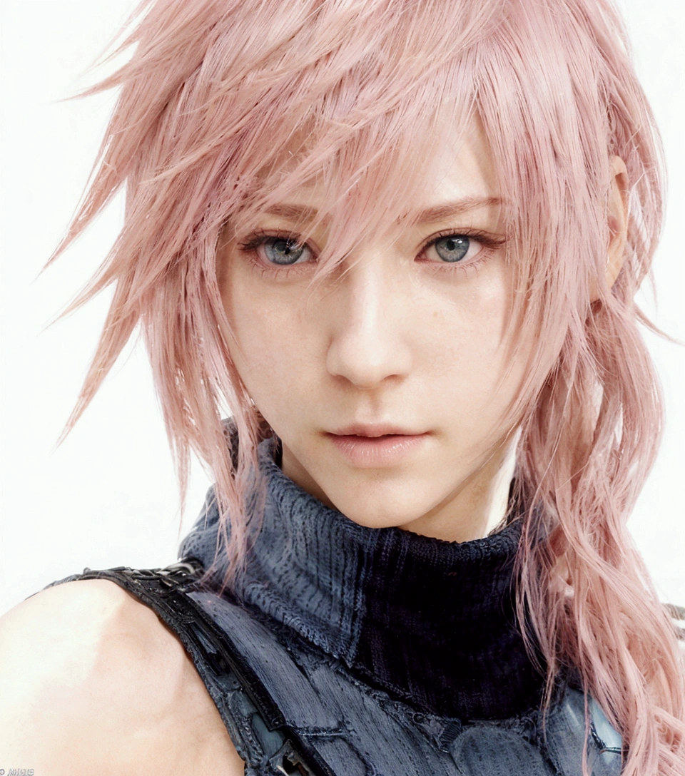 arafed image of a woman with pink hair and a blue turtle neck, final fantasy face, final fantasy character, from final fantasy xiii, from final fantasy, pink iconic character, final-fantasy, final - fantasy, style of final + fantasy + 1 5, square enix, style game square enix, final fantasy, pink wispy hair, final fantasy style