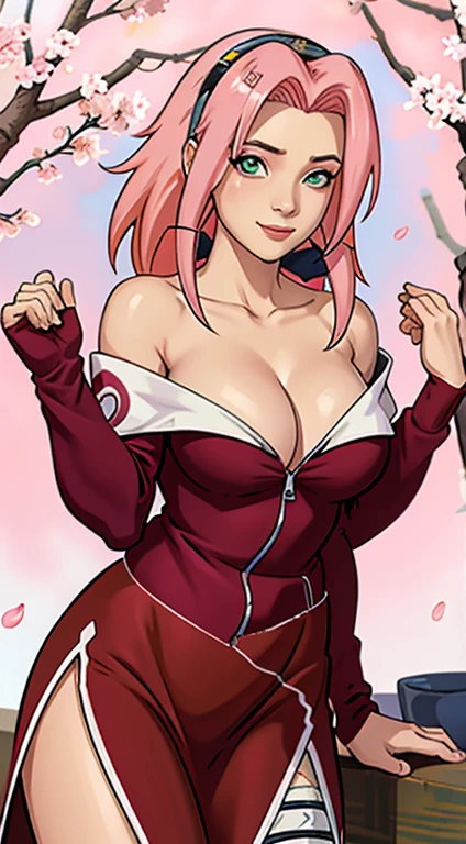 tmasterpiece, Best quality at best, 1girll, Sakura Haruno, Large breasts,Off-the-shoulder attire,(cleavage),(upperbody closeup),Raised sexy,is shy,ssmile,with pink hair, long whitr hair, (Green eyeballs:1.4), Forehead protection, the cherry trees,Cherry blossoms flying,Red clothes,Zipper half