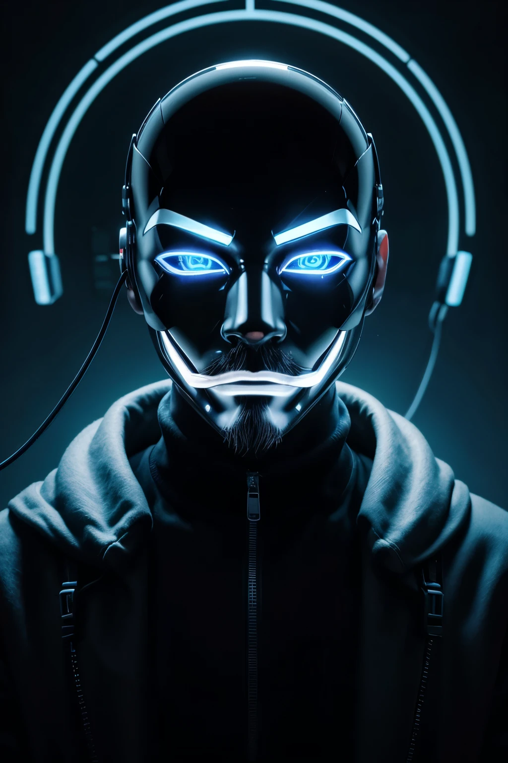 "A stylized hacker mask, inspired by the aesthetics of the group Anonymous. The mask must be a modern version of the Guy Fawkes mask, with printed circuit lines and technological elements integrated into the design. The background should be a combination of neon lights and digital graphics, creating a cybernetic and futuristic atmosphere. Lighting should highlight the details of the mask, giving an enigmatic and intriguing air, suitable for a hacker environment."
