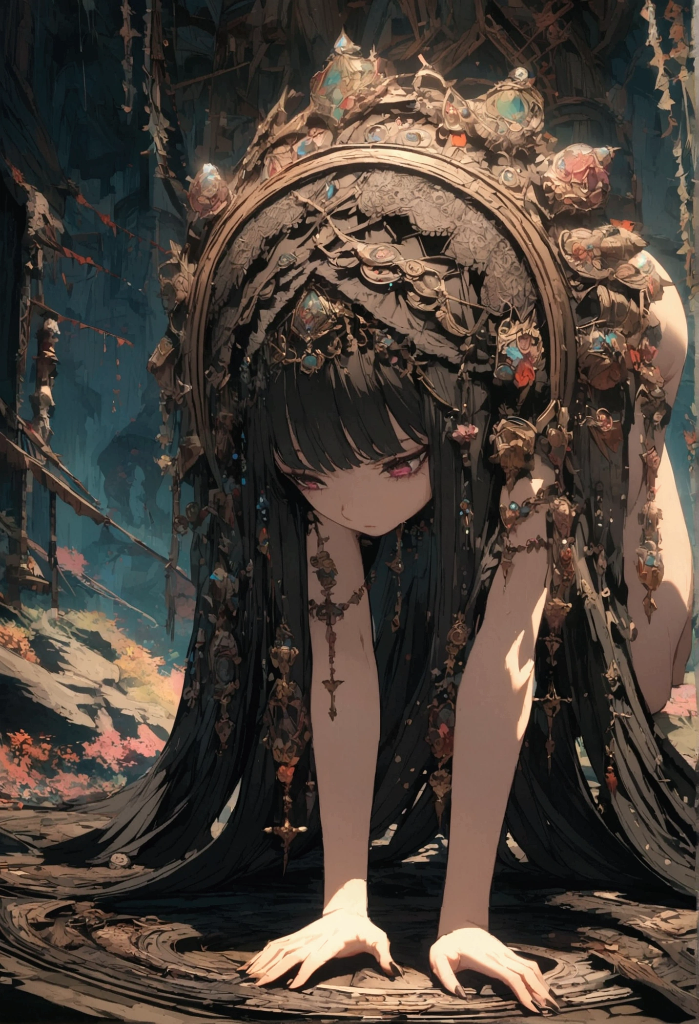 gothic lolita, goth, women, intricate details, highly detailed, 4k, cinematic, (naked), (anime), dynamic, bowed down pose