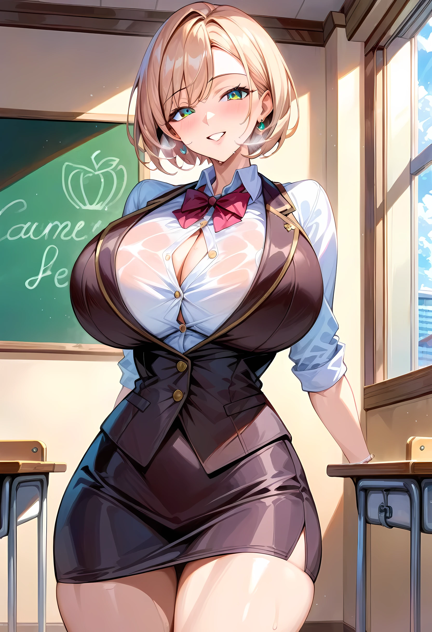 Score_9, score_8_up, 4k, 8k, detailed face, source_anime, artstation, grandeur, intricate-details, depth-of-view, flatshading, BREAK 1girl, mature female, huge breasts, short hair, beige hair, pointy hair, smooth skin, teacher,shirt, vest, pencil skirt, rating_questionablle, in heat, classroom