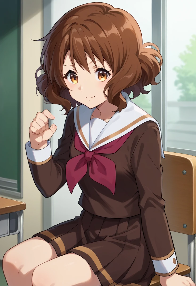score_9, score_8_superior, score_7_superior, sauce_anime,
In the middle of nowhere, kumiko oumae, Brown eyes, Brown Hair, short hair, Wavy Hair, smile,
skirt, shirt, Long sleeve, , pleated skirt, Seraphim, neckerchief, brown skirt, White sailor collar, brown shirt, Kitauji High , red neckerchief,
indoor, classroom, corridor, Sitting, Chair, machine,
View your viewers, Cowboy Shot, Dutch Angle, Dynamic pose, (Perfect hands, Perfect Anatomy),