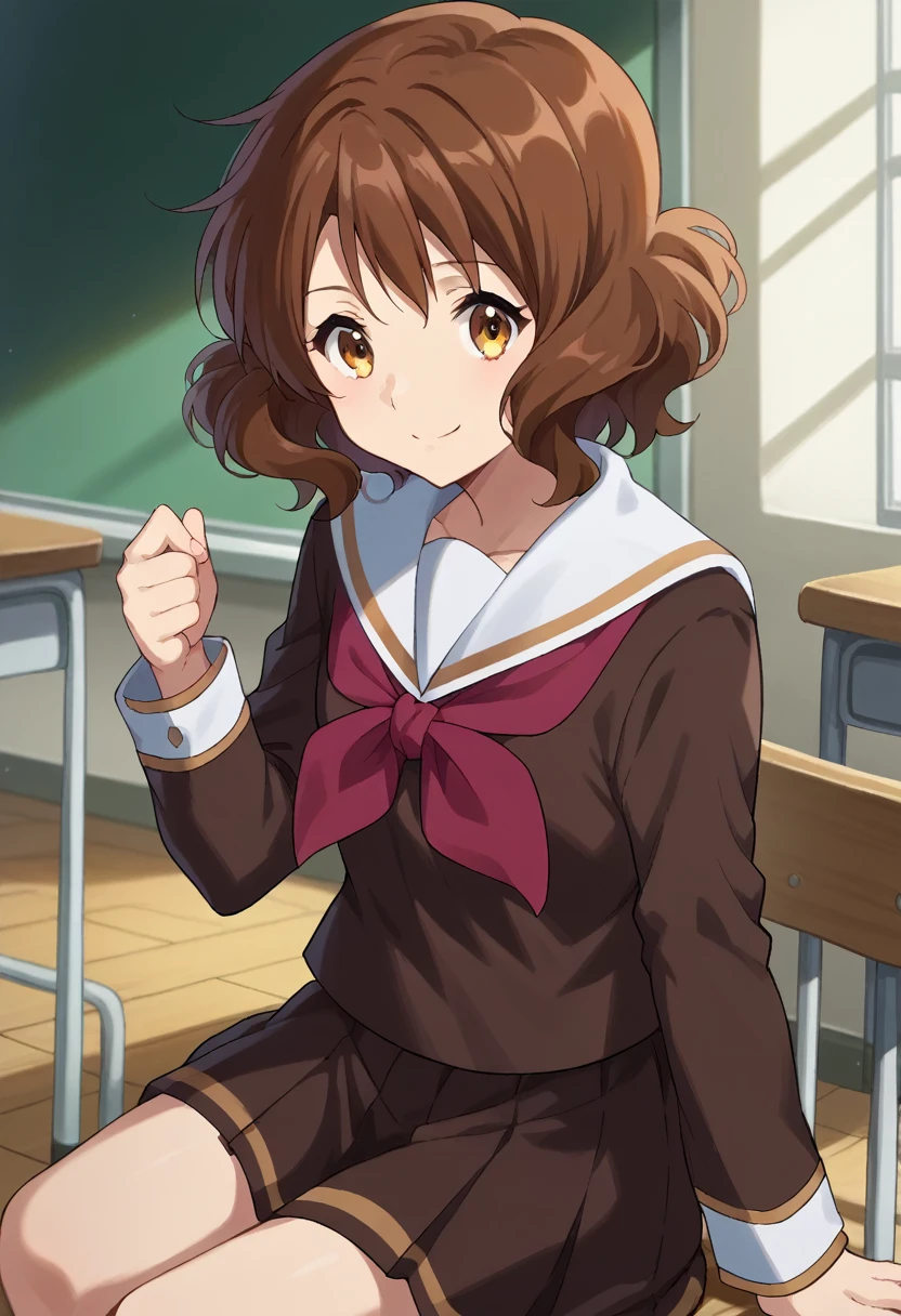 score_9, score_8_superior, score_7_superior, sauce_anime,
In the middle of nowhere, kumiko oumae, Brown eyes, Brown Hair, short hair, Wavy Hair, smile,
skirt, shirt, Long sleeve, , pleated skirt, Seraphim, neckerchief, brown skirt, White sailor collar, brown shirt, Kitauji High , red neckerchief,
indoor, classroom, corridor, Sitting, Chair, machine,
View your viewers, Cowboy Shot, Dutch Angle, Dynamic pose, (Perfect hands, Perfect Anatomy),