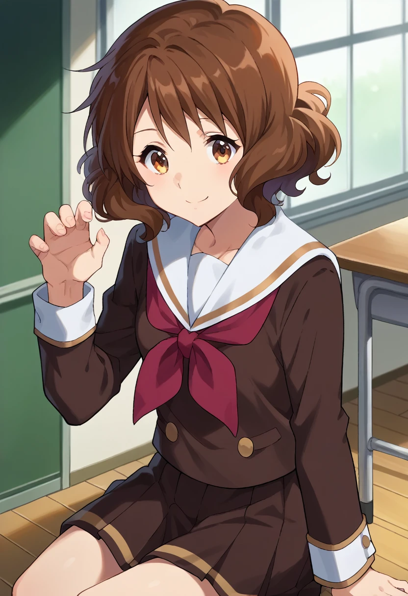 score_9, score_8_superior, score_7_superior, sauce_anime,
In the middle of nowhere, kumiko oumae, Brown eyes, Brown Hair, short hair, Wavy Hair, smile,
skirt, shirt, Long sleeve, , pleated skirt, Seraphim, neckerchief, brown skirt, White sailor collar, brown shirt, Kitauji High , red neckerchief,
indoor, classroom, corridor, Sitting, Chair, machine,
View your viewers, Cowboy Shot, Dutch Angle, Dynamic pose, (Perfect hands, Perfect Anatomy),