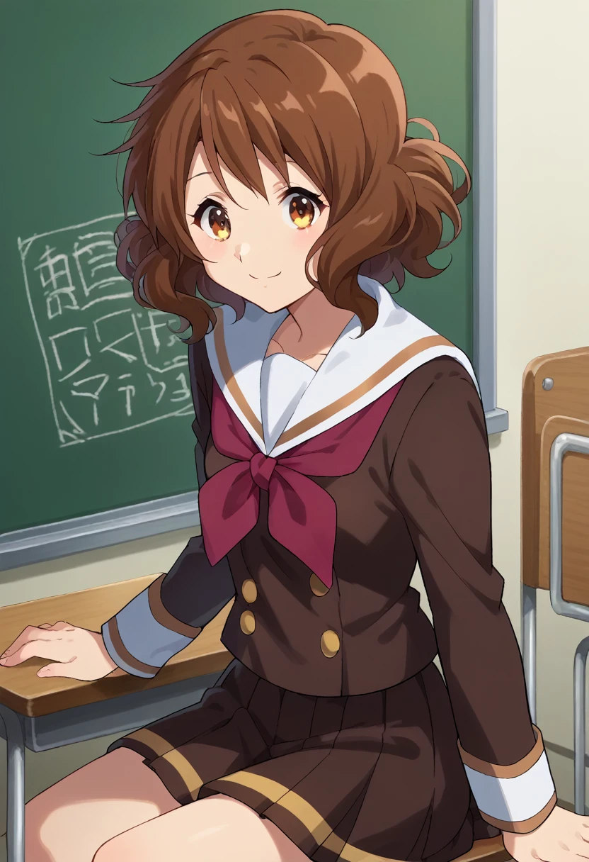 score_9, score_8_superior, score_7_superior, sauce_anime,
In the middle of nowhere, kumiko oumae, Brown eyes, Brown Hair, short hair, Wavy Hair, smile,
skirt, shirt, Long sleeve, , pleated skirt, Seraphim, neckerchief, brown skirt, White sailor collar, brown shirt, Kitauji High , red neckerchief,
indoor, classroom, corridor, Sitting, Chair, machine,
View your viewers, Cowboy Shot, Dutch Angle, Dynamic pose, (Perfect hands, Perfect Anatomy),