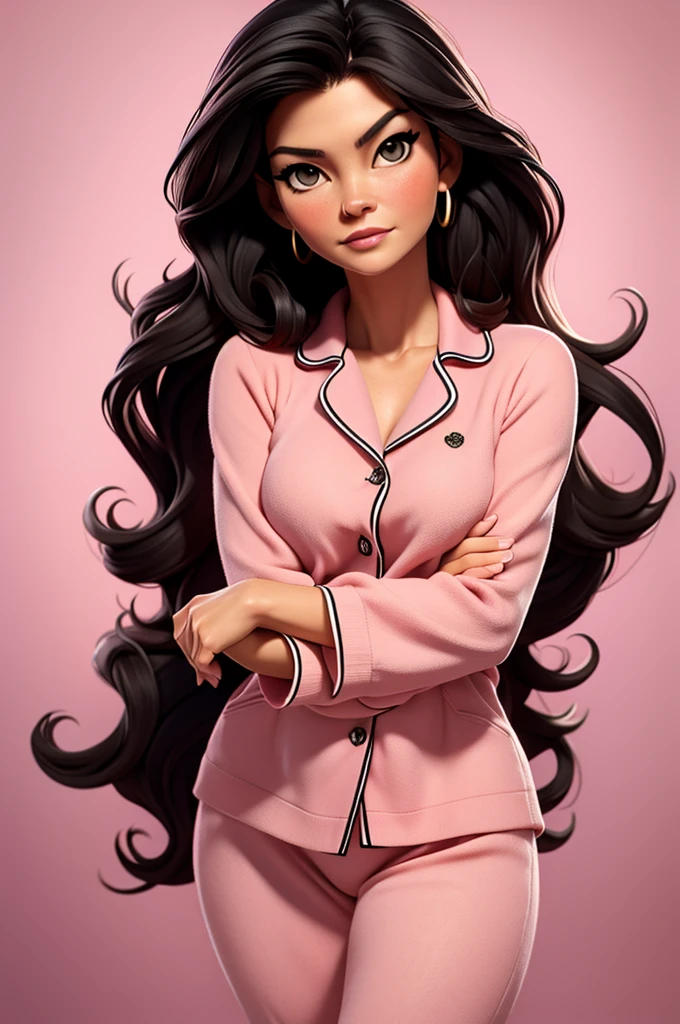 catherine zeta jones, long hair, pajama pink with dots, black hair
