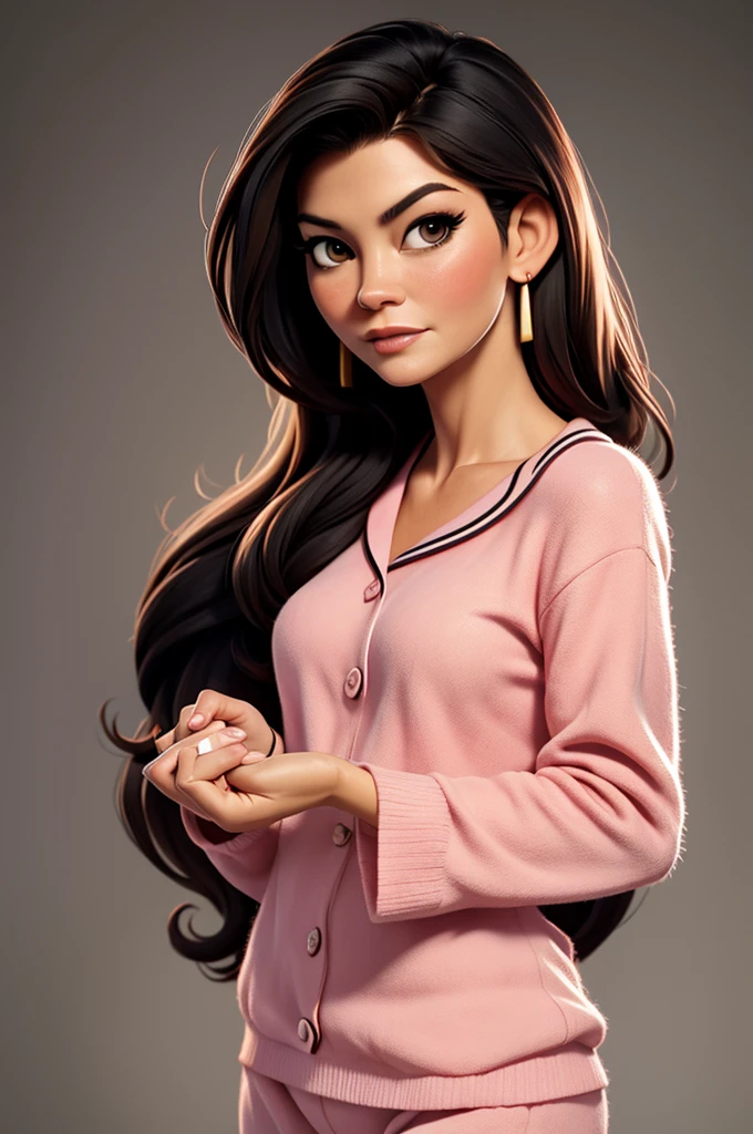 catherine zeta jones, long hair, pajama pink with dots, black hair