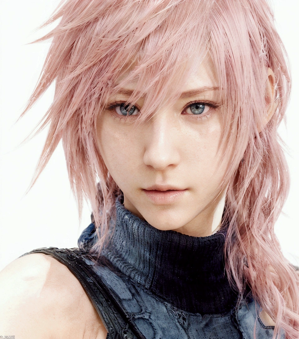 arafed image of a woman with pink hair and a blue turtle neck, final fantasy face, final fantasy character, from final fantasy xiii, from final fantasy, pink iconic character, final-fantasy, final - fantasy, style of final + fantasy + 1 5, square enix, style game square enix, final fantasy, pink wispy hair, final fantasy style