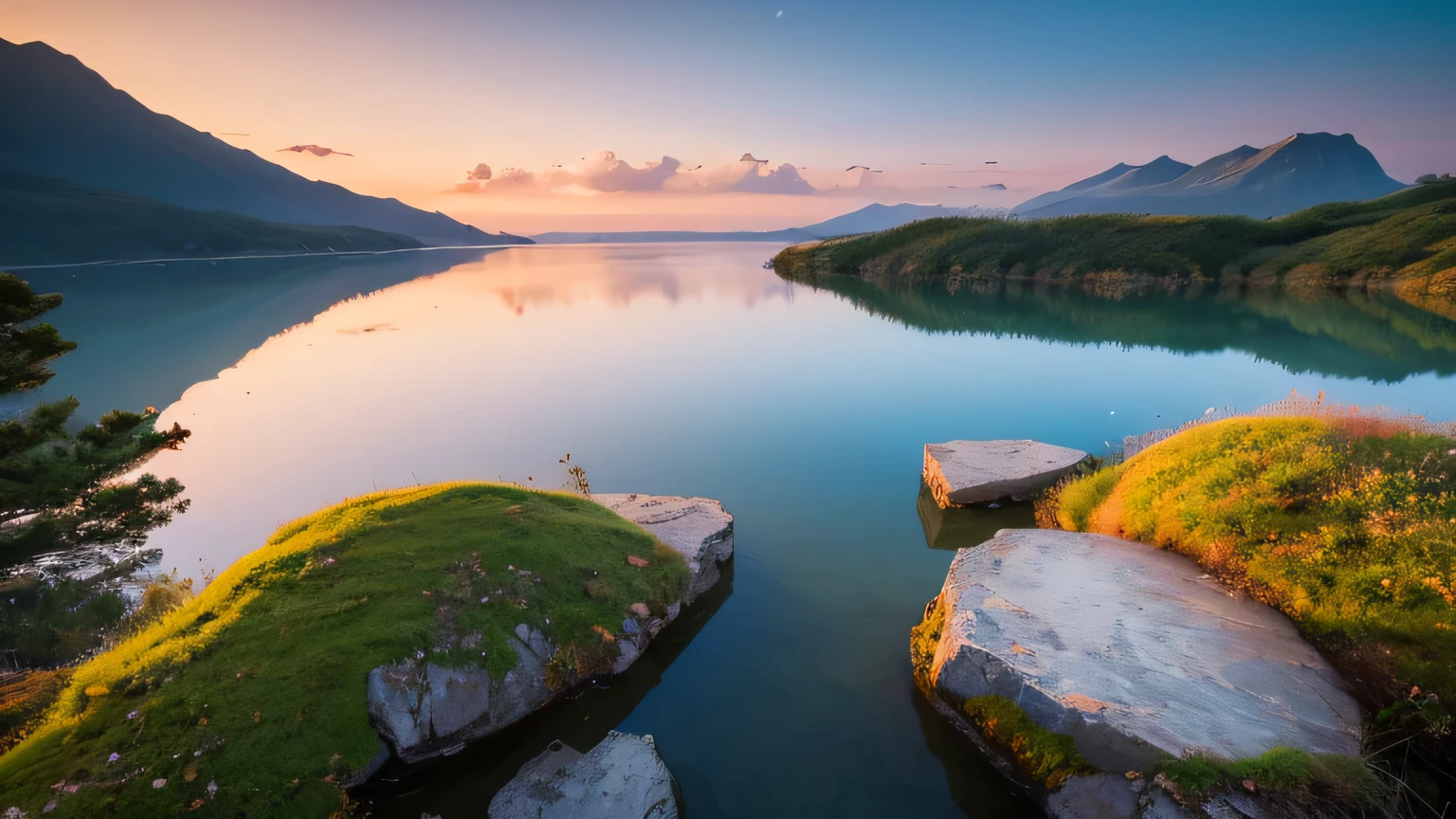(Best quality images, masterpiece), Detailed landscape, quiet湖 (Reflecting the vibrant sky of the morning glow),Color nuances,quiet.
