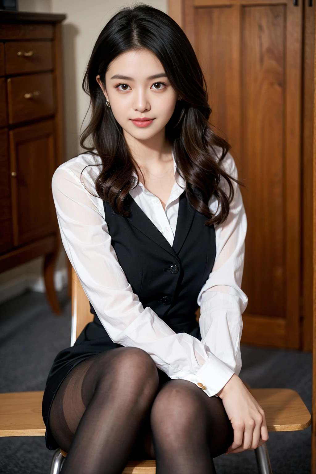 Ulzzang-6500-v1.1, (RAW photos:1.2), (realistic), (really:1.4), 1girl、very pretty girl、21 years old、game_nffsw, eye for detail, shy smile、business fashion、business suit、thighs and skirt、sit on a chair、Working、(very realistic pantyhose:1.2), Curly hair、realistic skin texture、glowing skin、exposed thighs!!! , assembly、eye shadow、