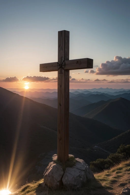 Cross on top of low mountain with ultra realistic setting sun