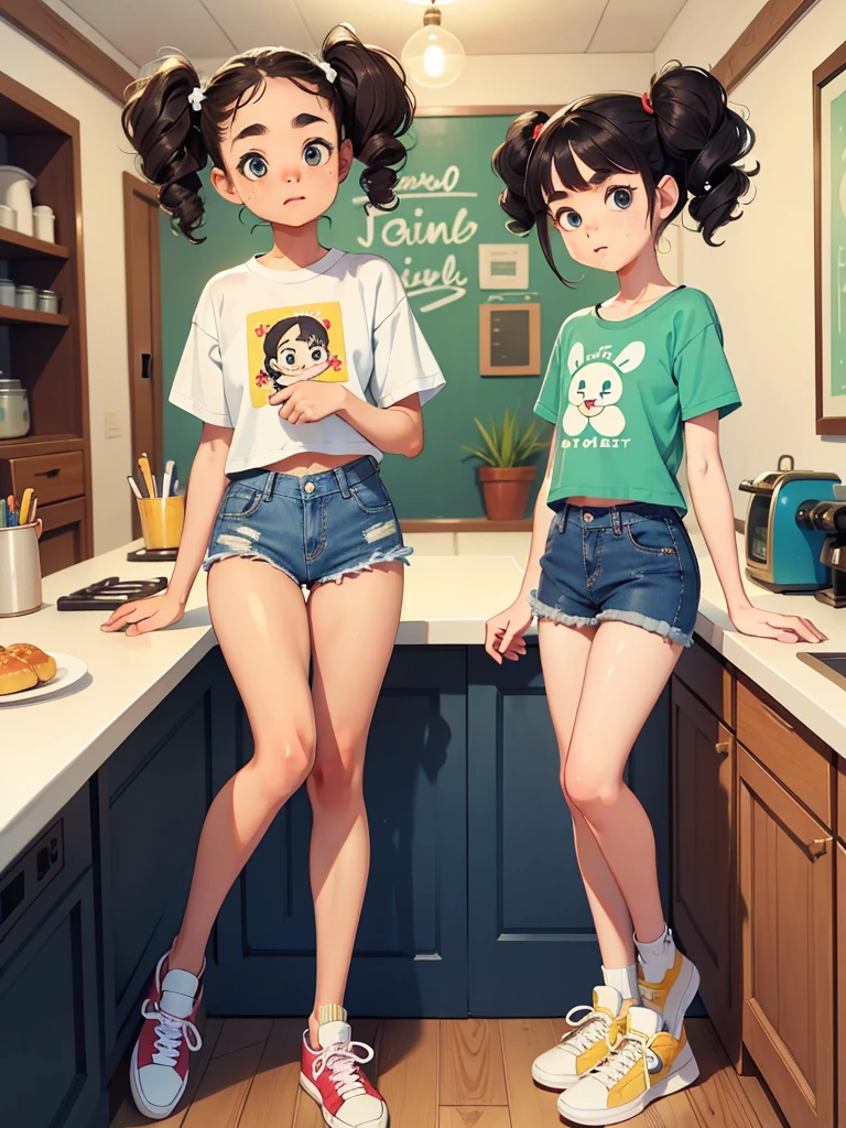 two pretty girls in a kitchen, casual style, tee shirt, tank top, jean's, shorts, wide hips, big boobs, (glasses:0.25), chair, table, fruit, bottle, food, (best quality:0.75), (3d:0.75), (realistic:0.25), (masterpiece:0.75),    <lora:AtomicHips2:1>, <lora:add_detail:1>