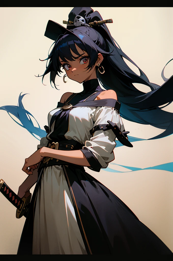 ((Best Quality)), ((Masterpiece)), (detailed), (anime), (Cartoon), 1 girl, tanned skin, off shoulder sweater, pirate accessories, gloomy appearance, medieval dress, pirate hat, earrings, katana, black skin, long hair, black hair, ponytail, ((Best Quality)), ((Masterpiece)), (detailed), (anime), (Cartoon), (80's Cartoon), mujer con black hair largo, black skin, pirate accessories, gloomy appearance, medieval courtesan dress, tanned skin, loose white shirt, black open skirt, yandere
