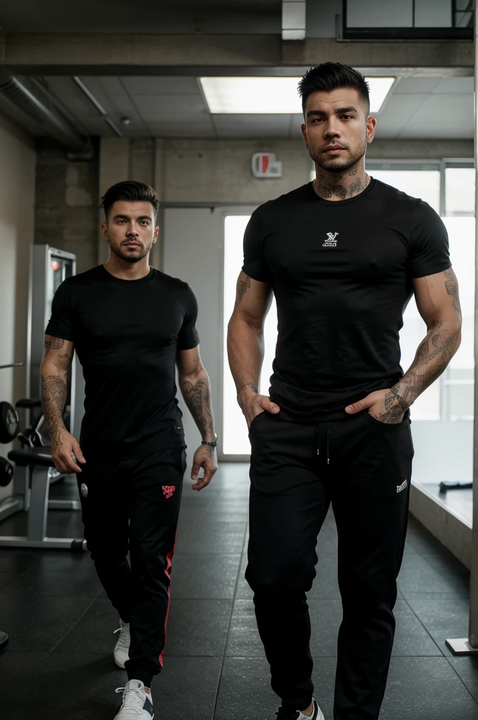 30 year old man, moreno, black t-shirt and black pants, fitness body