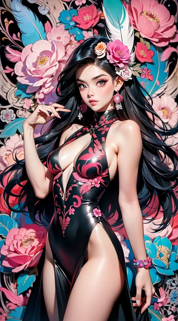 erjie, girl in a fluid and dynamic pose, wearing a loose, flowing pink dress, mysterious expression, curly black and pink hair, [Zhang Ziyi|Aishwarya Rai], in a modern and abstract setting, with bold and colorful abstract art, blurred background, bright lighting, official art, unity 8k wallpaper, (zentangle, mandala, tangle, entangle), intricate clothes,zhongfenghua (full body,from everywhere,masterpiece, top quality, best quality, official art, beautiful and aesthetic:1.2), extremely detailed,(fractal art:1.1),(colorful:1.1)(flowers:1.3),highest detailed,(zentangle:1.2), (dynamic pose), (abstract background:1.3), (shiny skin), (many colors:1.4), (feathers:1.5), dynamic angle, the most beautiful form of chaos, elegant, a brutalist designed, vivid colours, romanticism,