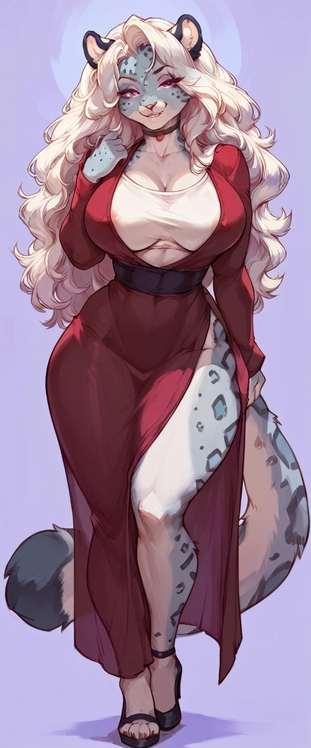 (solo) female anthro snow leopard, long fluffy hair, snow leopard, (big breasts:1.5), attractive, rpg clothes , fit body, snow leopard tail,, thicc, freckles, freckles on face, smug eyes, (happy expression), she is standing look to the viewer , violet background, simple background, thick thighs (front view) high heels