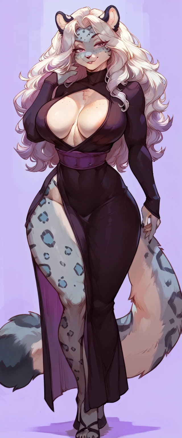 (solo) female anthro snow leopard, long fluffy hair, snow leopard, (big breasts:1.5), attractive, rpg clothes ,  fit body, snow leopard tail,, thicc, freckles, freckles on face, smug eyes, (happy expression), she is standing look to the viewer , violet background, simple background, thick thighs  (front view) high heels