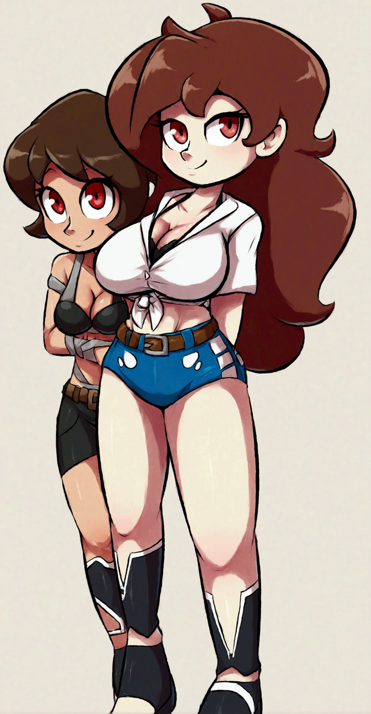 A tall girl, sexy, beautiful, big breast, cute, long brown hair, her red eye, wears a short white beach shirt, shows her chest, a black bra, and a short blue short, a brown belt, and a black heel.