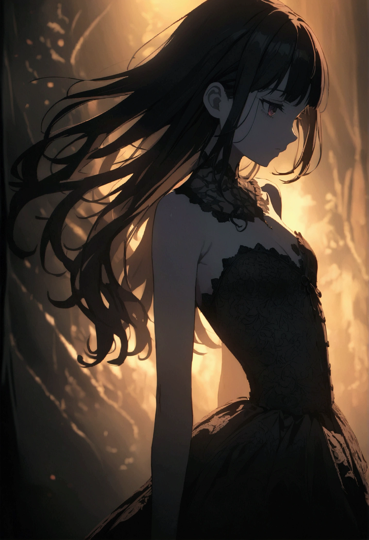 a gothic lolita girl, detailed facial features, intricate lace dress, pale skin, long dark hair, dramatic lighting, cinematic composition, highly detailed, 4k, (naked:1.2), (anime:1.1), dynamic bowed down pose