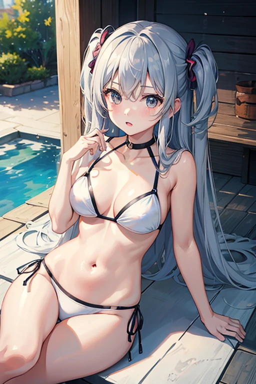 masterpiece, Highest quality, High resolution，Follow the on-screen instructions、Anime Style、Follow the prompts、One Girl、Long silver hair、A bikini bottom with one string loose、