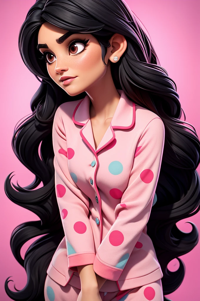 kyle jenner, long hair, pajama pink with dots, black hair
