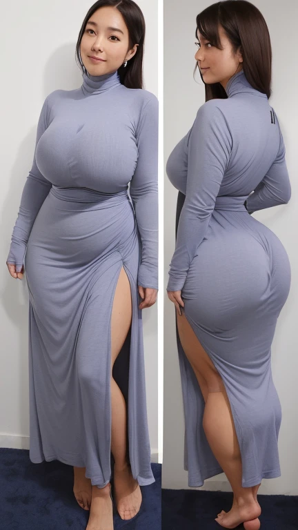 (Highest quality:1.2),(Perfect beautiful face:1.2),(Perfect and beautiful posture:1.2), (30-year-old woman:1.2),(Big Ass:1.3),Japanese, ((Chubby:0.7), (Super huge boobs:1.5)),Grin,(Long sleeves Round neck ,T-shirt maxi (((tight))) dress:1.5), (underwear:1.5), (Panty lines),