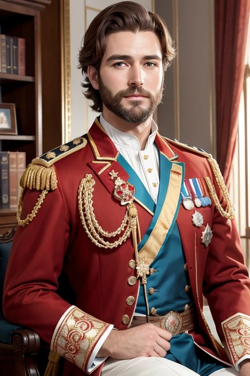 Create an image of a handsome man, with brown hair and brown beard in royal clothes