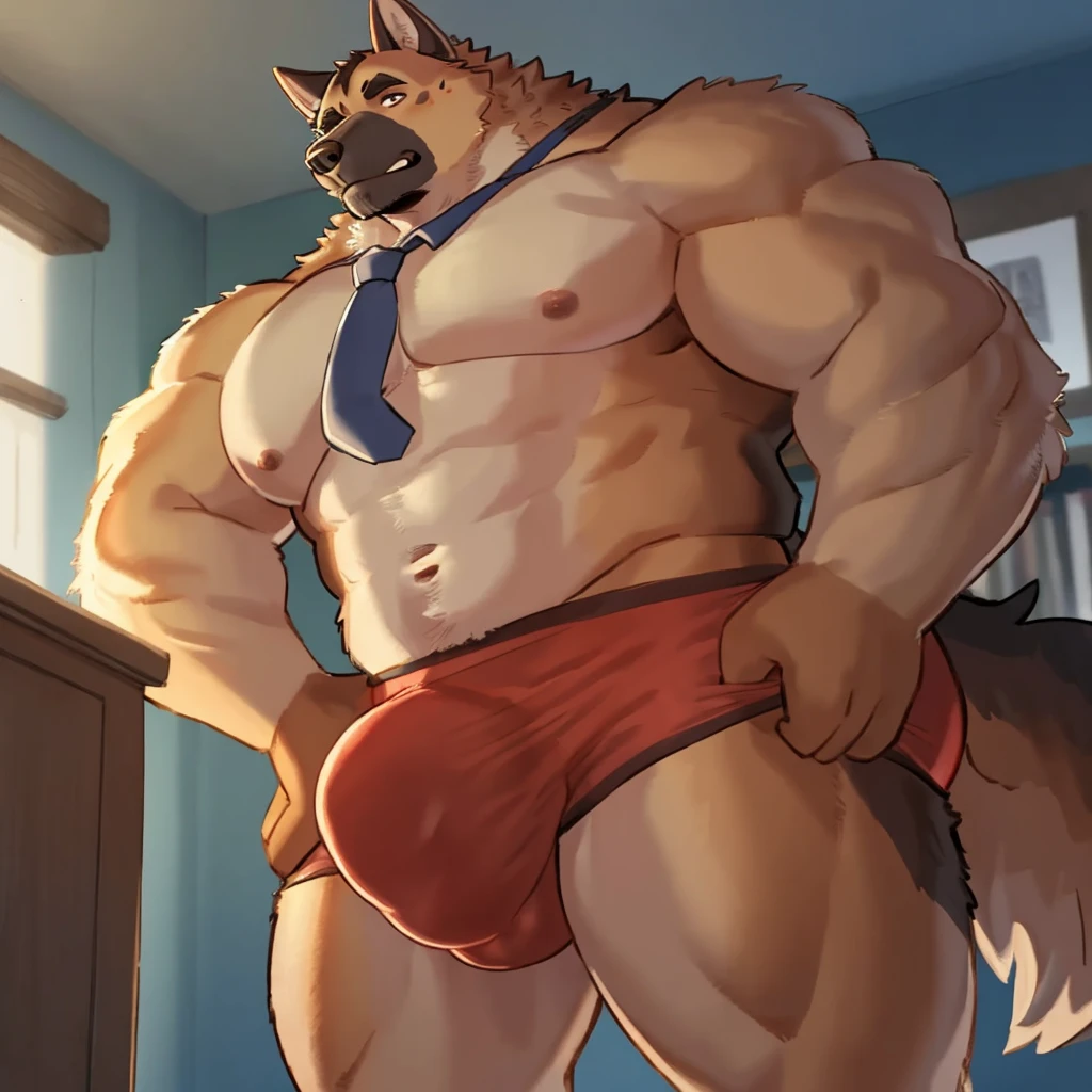 By bebebebebe, by lostgoose, by goonie-san, solo, male, standing,  shirtless, red briefs, serious face, huge bulge, furry, German shepherd, in underwear, loose tie, buff, muscular, large pecks, bulging pecs