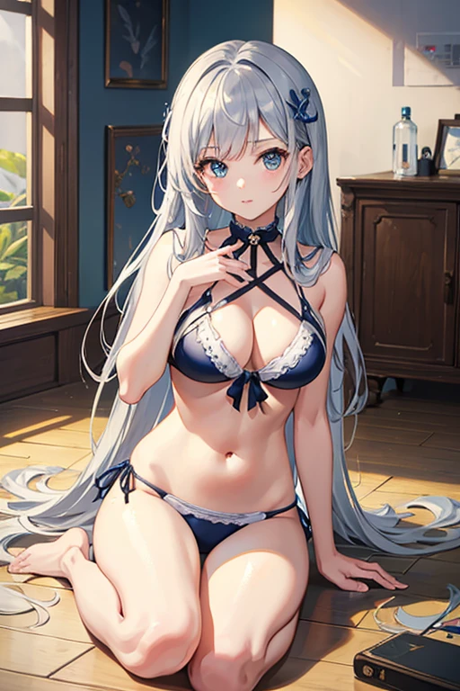 masterpiece, Highest quality, High resolution，Follow the on-screen instructions、Anime Style、Follow the prompts、One Girl、Long silver hair、A bikini bottom with one string loose、