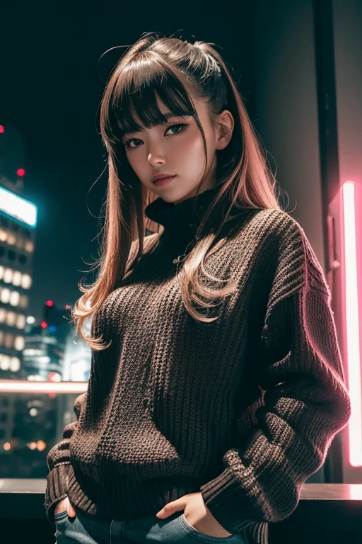 ((best qualityer)), ((work of art)), (detailded), 1 girl, ombro to ombro sweater, cyberpunk, firearms