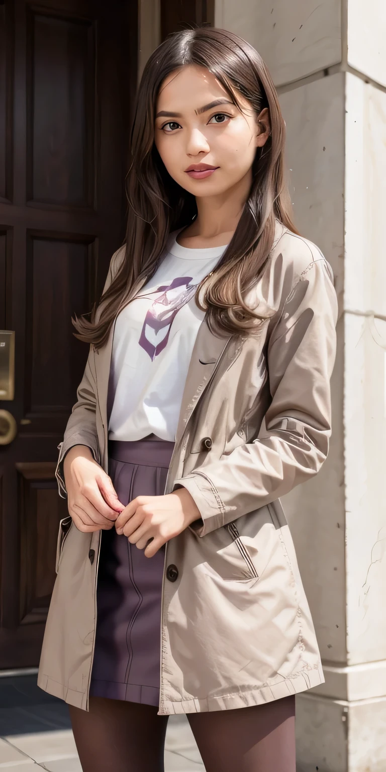 beautiful girl, brown hair ,purple eyes. white t-shirt, gray coat, Knee-length skirt、tights、pumps、smile、detail face, detail eyes, expressive face, expressive eyes, pout mouth. highres,hyperdetailed body, hyperealistic, photorealistic, masterpiece 、The building entrance is in the background