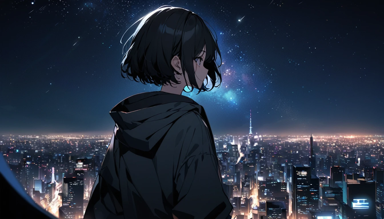 Starry Sky、Night view、City、One woman、Black Hair、Short Hair、Hair blowing in the wind、Wearing a hoodie、back、Full body portrait、Overlooking the city
