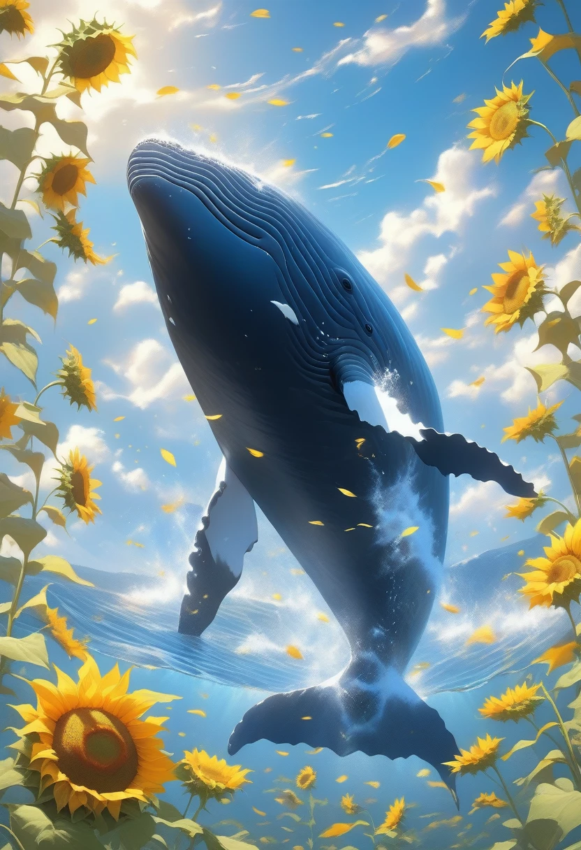 ((Masterpiece)), ((Best Quality)), (Very Detailed), ((Very Detailed)), 4K, (8K), very aesthetic, absurdres highres, A huge whale swims gracefully in the clear blue sky, drifting over a field of golden sunflowers. The summer sun softly illuminates the scene, and the mountains in the distance stretch out in the background. Light reflects off the whale's smooth skin, and the fine petals of the sunflowers sway in the wind. Fluffy white clouds float in the sky, creating an overall atmosphere of grandeur and peace.