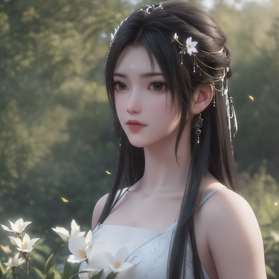 (best quality,ultra-detailed,photorealistic:1.37),vivid colors,studio lighting,beautiful detailed eyes,beautiful detailed lips,extremely detailed eyes and face,long eyelashes,portraits,black hair,confident expression,feminine,standing in a garden,soft sunlight, scenery,flower blossoms,peaceful atmosphere,artistic touch,textured brushstrokes,subtle color variations,brilliant white highlights,delicate movements,graceful pose,slight breeze,rustling leaves,sophisticated style,professional artwork,female beauty.