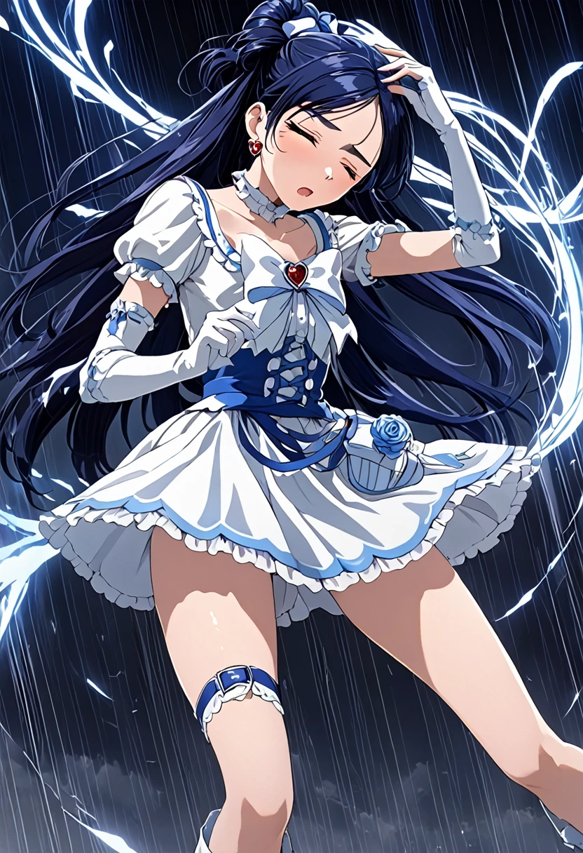 (She is suffering from being bitten on the arm by a man:1.8)、Cure White,hair ribbon,Chest ribbon,big ribbon, mini skirt, white choker, thigh straps, elbow gloves, heart brooch,Heart Earrings,detailed hair and outfit, long flowing dark blue hair, white and blue frilly dress, white gloves and boots, blushing, feeling pain, suffering from arm being bitten by enemy, dynamic and intense scene, background with sound waves, eyes closed, masterpiece, best quality, highly detailed background, perfect lighting, (beautiful, best quality: 1.1), masterpiece, perfect eyes, (beautiful), (erotic: 1.2)