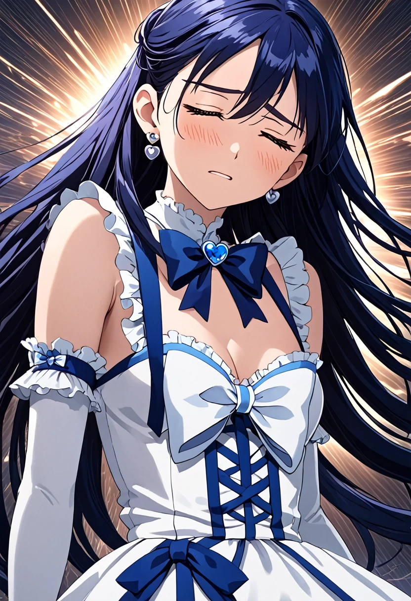 (She is suffering from being bitten on the arm by a man:1.8)、Cure White,hair ribbon,Chest ribbon,big ribbon, mini skirt, white choker, thigh straps, elbow gloves, heart brooch,Heart Earrings,detailed hair and outfit, long flowing dark blue hair, white and blue frilly dress, white gloves and boots, blushing, feeling pain, suffering from arm being bitten by enemy, dynamic and intense scene, background with sound waves, eyes closed, masterpiece, best quality, highly detailed background, perfect lighting, (beautiful, best quality: 1.1), masterpiece, perfect eyes, (beautiful), (erotic: 1.2)