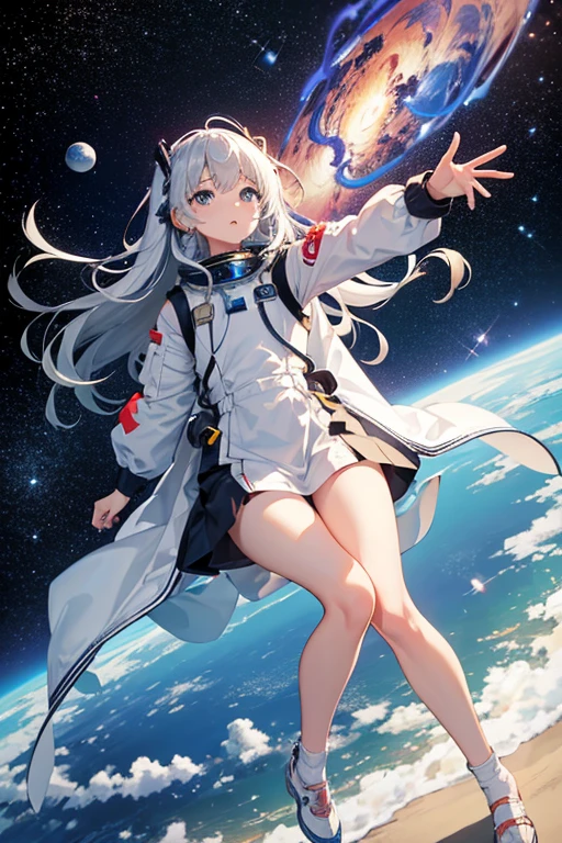 masterpiece, Highest quality, High resolution,Follow the on-screen instructions、Anime Style、Follow the prompts、One Girl、Long silver hair、、universe space、Confused、Spacewalk、Reaching out to the earth、Adrift in Space