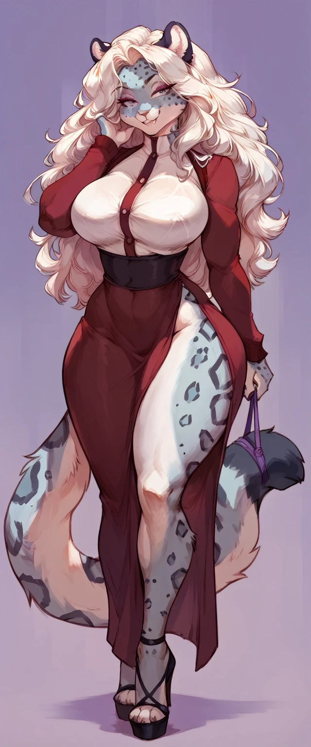 (solo) female anthro snow leopard, long fluffy hair, snow leopard, (big breasts:1.5), attractive, archer clothes ,  fit body, snow leopard tail,, thicc, freckles, freckles on face, smug eyes, (happy expression), she is standing look to the viewer , violet background, simple background, thick thighs  (front view) high heels