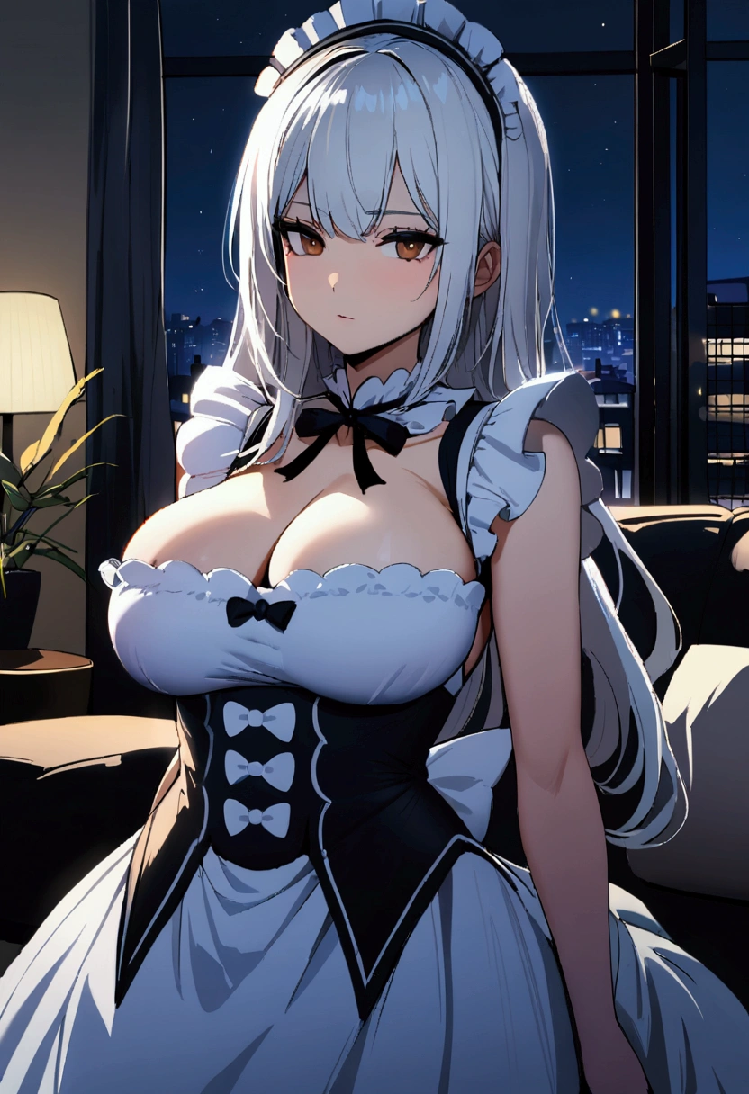 1girl with long white hair, brown eyes, maid uniform, big breasts, rich living room, calm face, stoic face, night time