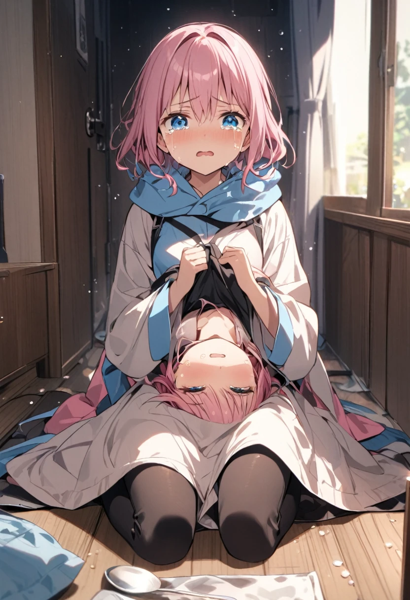 anime style、girl、sitting in a chair、Lying prostrate on the desk、sleeping、light pink hair、、bright、window、bed