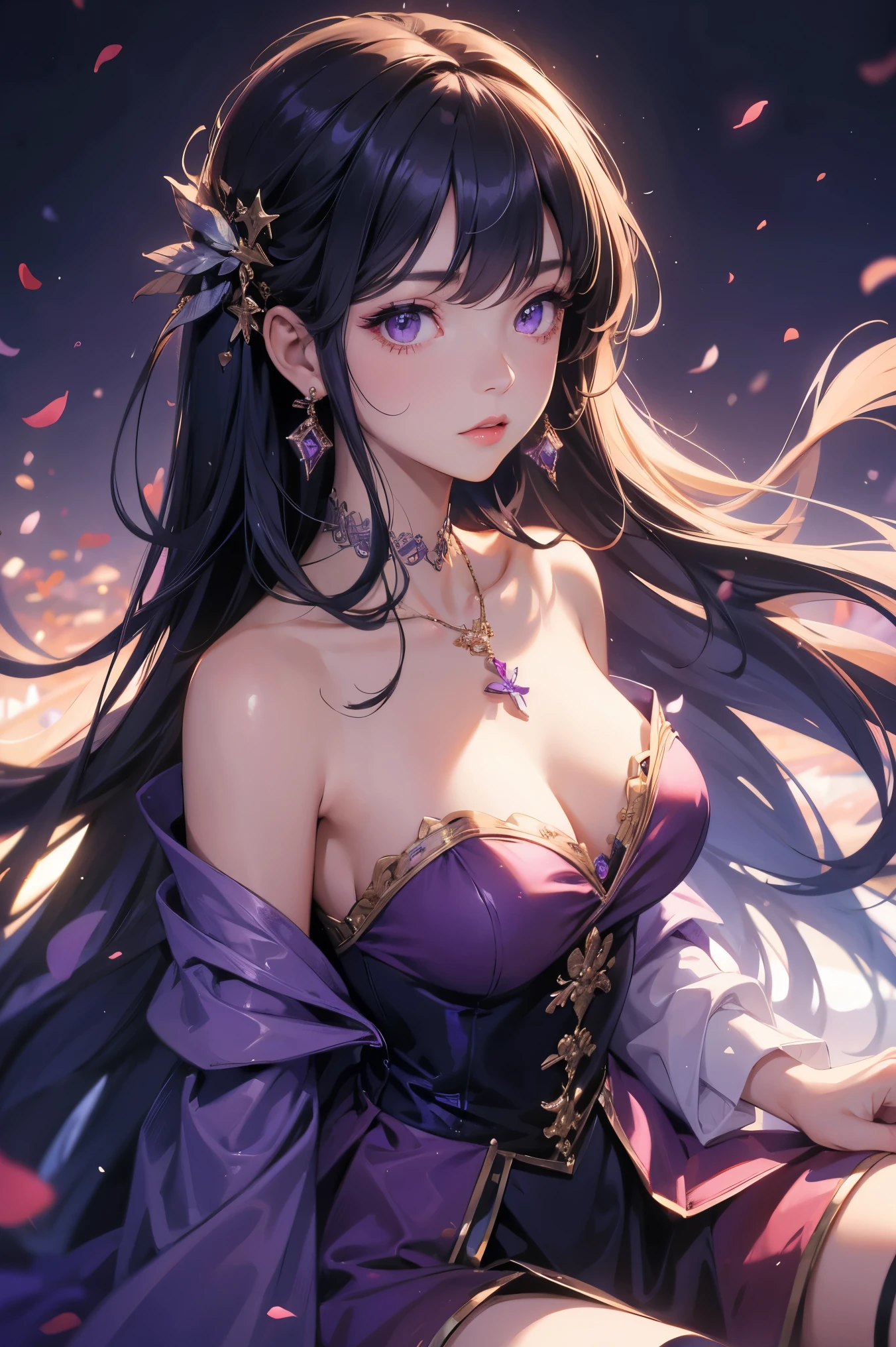 Off-shoulder dress, best quality, high resolution, 1 girl, Super high resolution, Solitary, stocking, Purple Eyes, , Long hair, Bangs,necklace