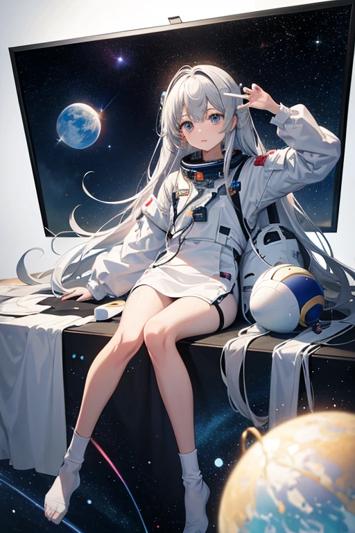 masterpiece, Highest quality, High resolution，Follow the on-screen instructions、Anime Style、Follow the prompts、One Girl、Long silver hair、、universe space、Confused、Spacewalk、Reaching out to the earth、Adrift in Space